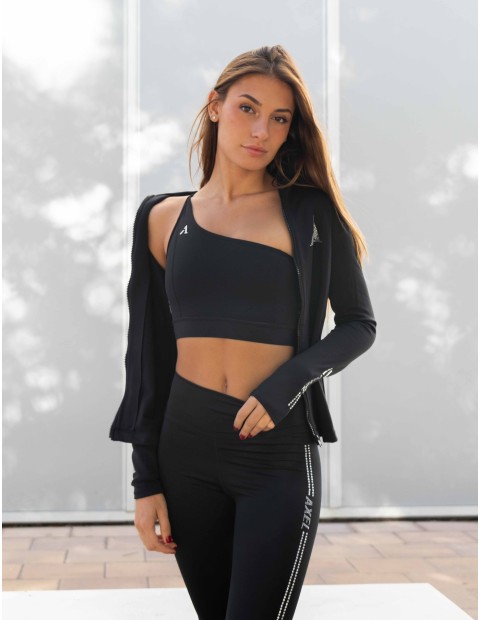 CONJUNTO CHAQUETA Y LEGGING BÁSICO CON TOP ASYMÉTRICO NEGRO   SLY-DRY